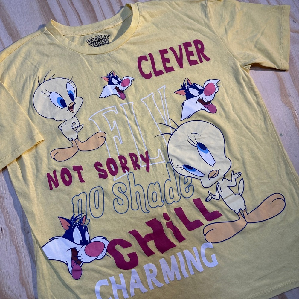 Looney Tunes Tweety Bird Sylvester Yellow Graphic Tee Shirt Juniors Large 11-13